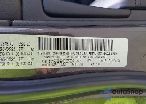 2018 Jeep Grand Cherokee Sterling Edition 4X2 z USA, uszkodzony, nr VIN 1C4RJEBG8JC225066